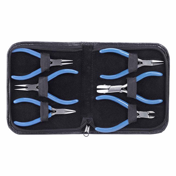 Pliers set, carbon steel and vinyl, blue, 3- to 4-inch mini with 8 x 3-1/4  x 1-inch case. Sold per 6-piece set. - Fire Mountain Gems and Beads