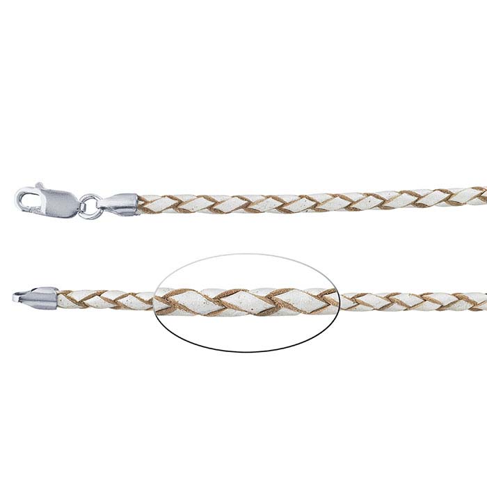 Genuine Braided Leather Cord Necklace with Rhodium Plated Sterling